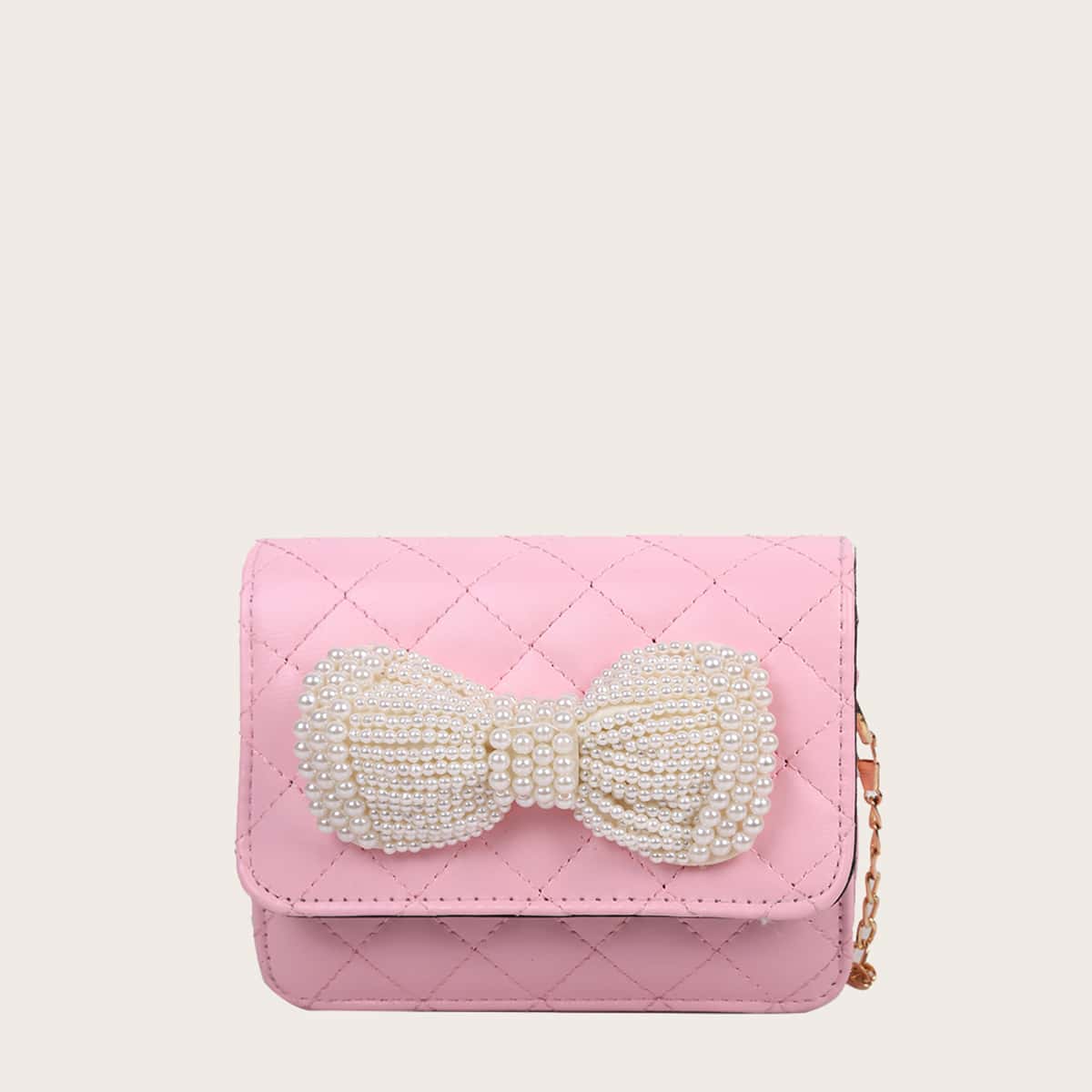 

Faux Pearl Bow Quilted Crossbody Bag, Pink