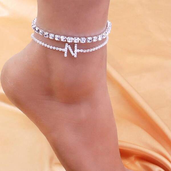 

2pcs Rhinestone Decor Anklet, Silver