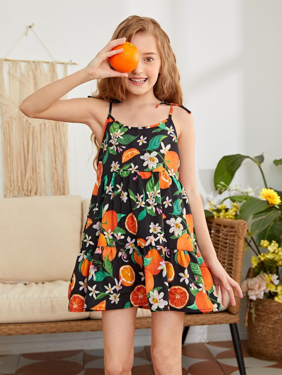 SHEIN Girls Ruffle Hem Floral & Fruit Print Cami Dress - Multicolor - View 1