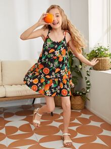 SHEIN Girls Ruffle Hem Floral & Fruit Print Cami Dress - Multicolor - View 5