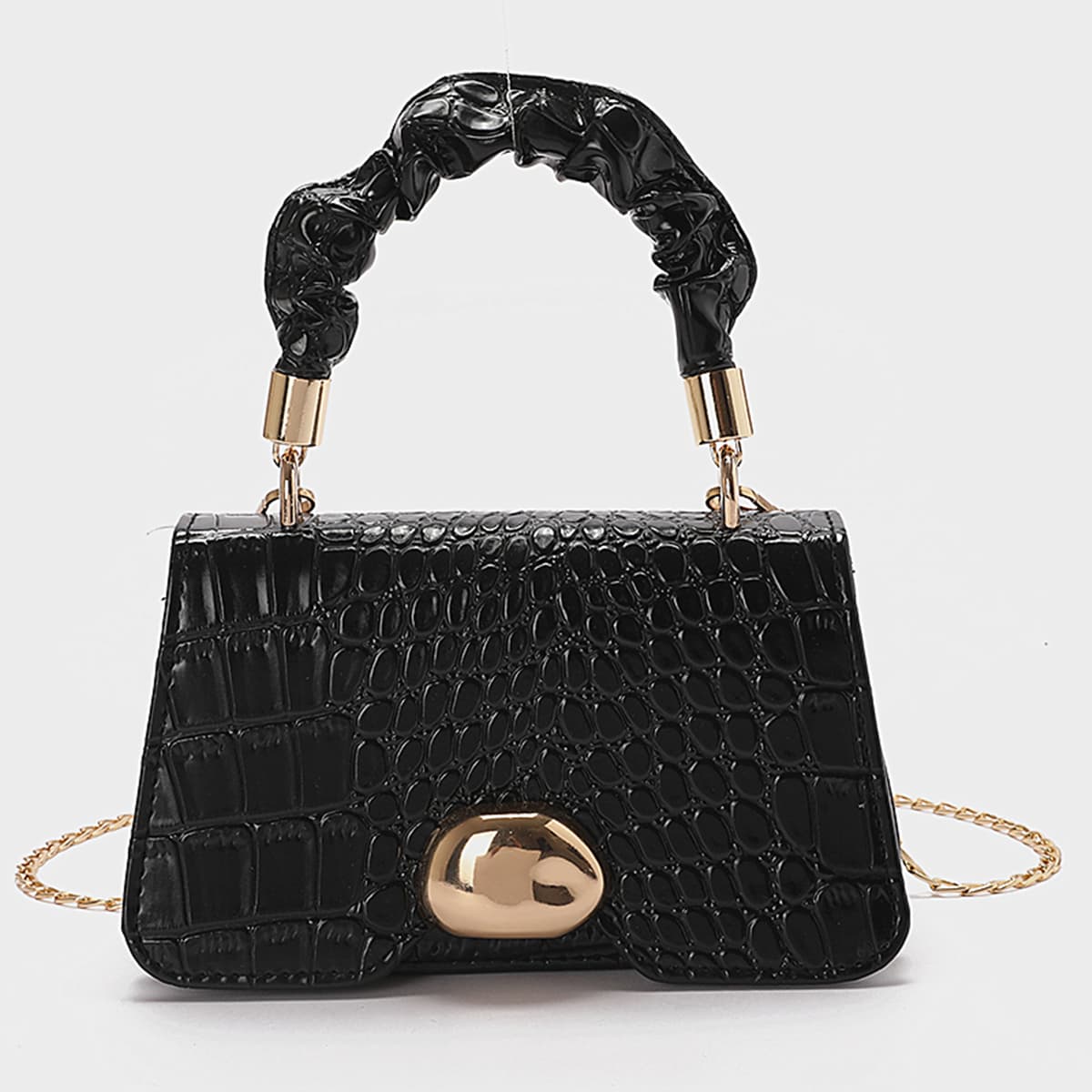 

Croc Embossed Chain Satchel Bag, Black