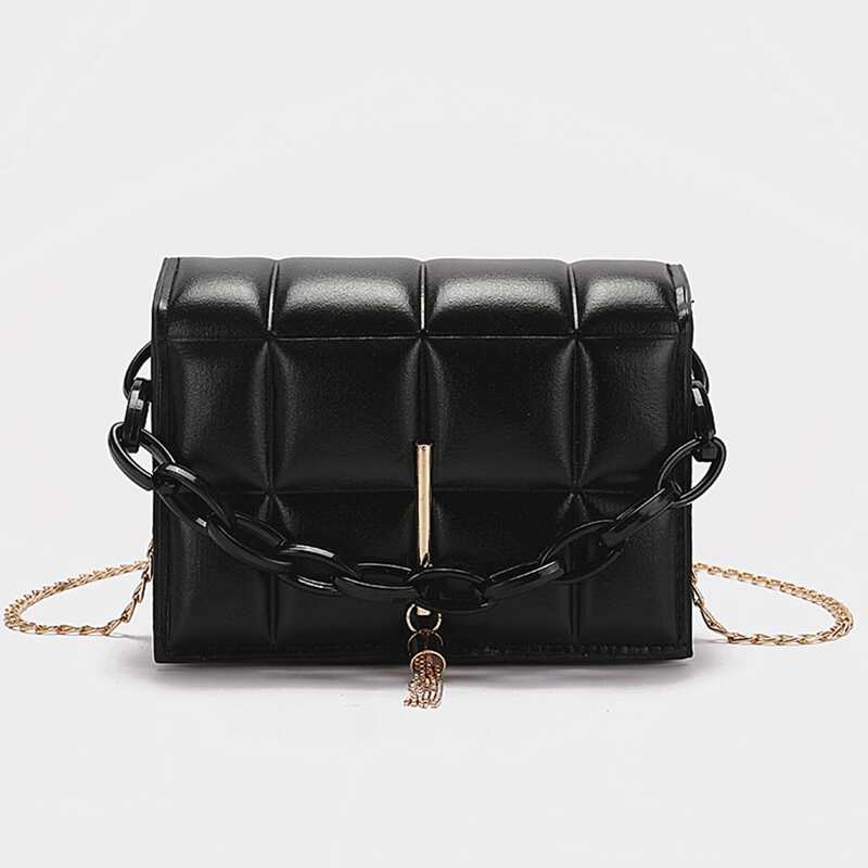 

Quilted Chain Satchel Bag, Black