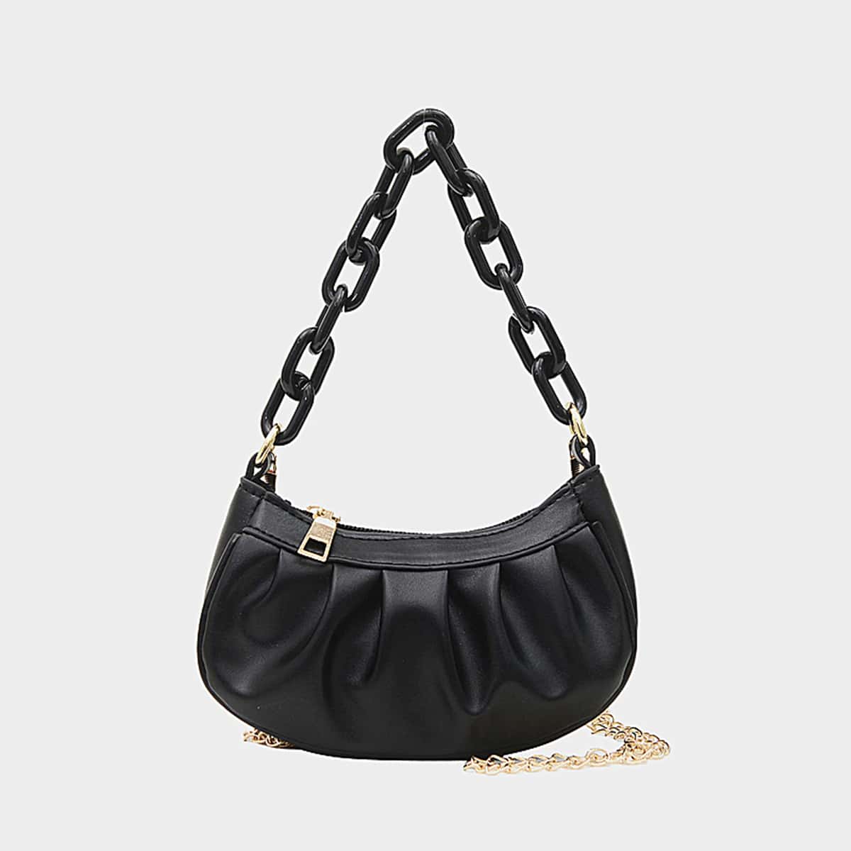 

Solid Chain Ruched Bag, Black