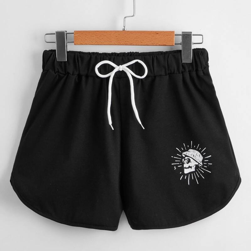 

Skull Graphic Drawstring Shorts, Black