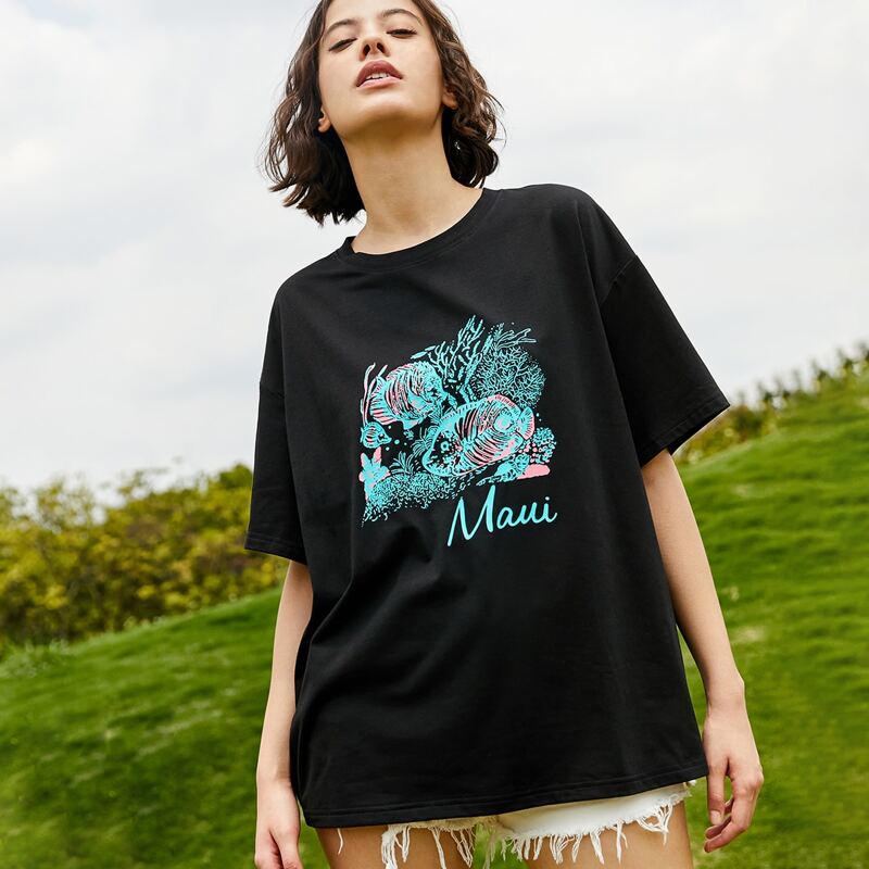 

Letter Fish Graphic Oversized Tee, Black