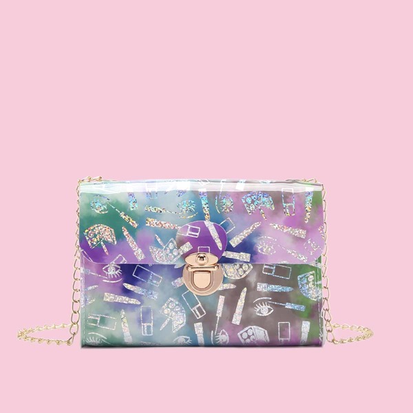 

Glitter Push Lock Flap Chain Bag, Multicolor