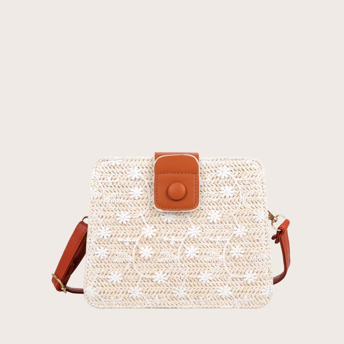 

Floral Straw Crossbody Bag, Beige
