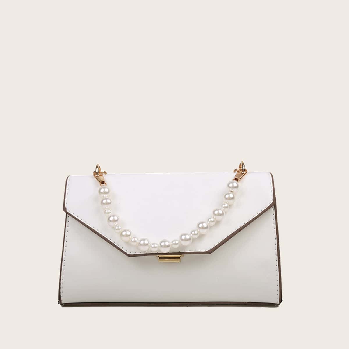 

Faux Pearl Handle Solid Satchel Bag, White