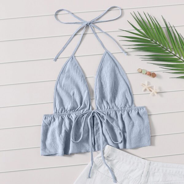 

Self-Tie Halter Flounce Crop Top, Dusty blue