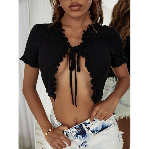 

Tie Front Frill Trim Top, Black