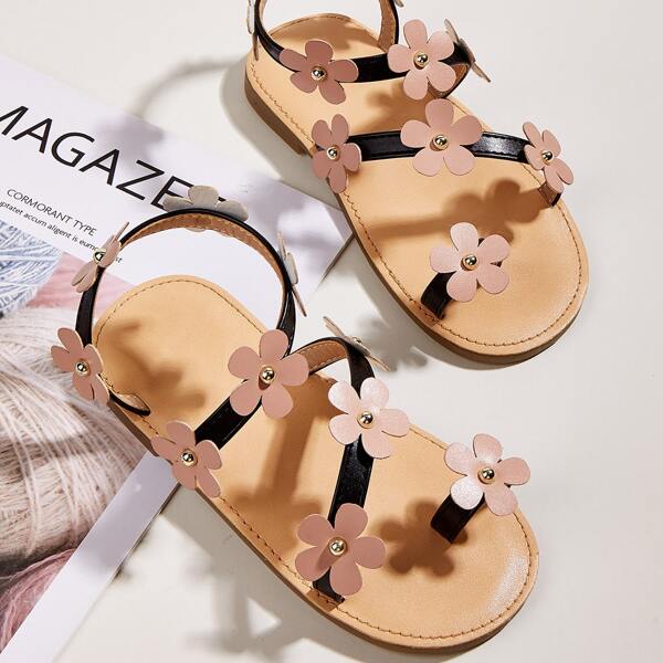 

Toddler Girls Floral Appliques Thong Sandals, Black