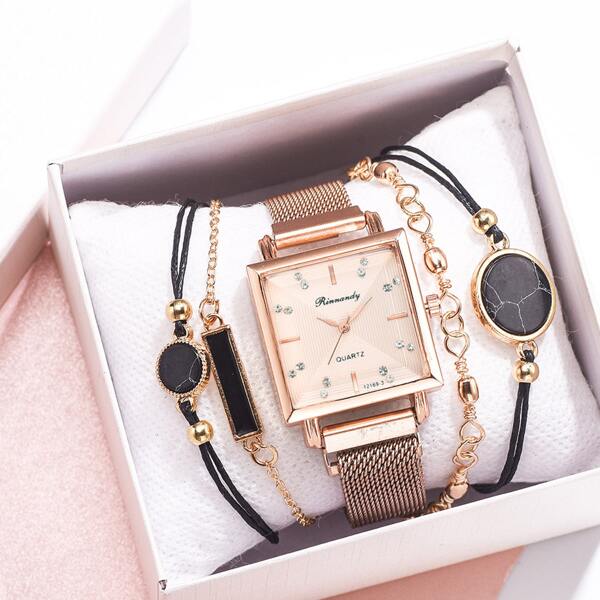 

1pc Square Pointer Mesh Strap Watch & 4pcs Bracelet