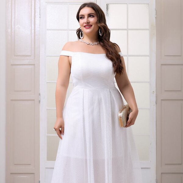 

Plus Mesh Off The Shoulder Party Dress, White