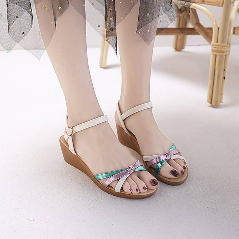

Colorblock Strap Wedge Sandals, White