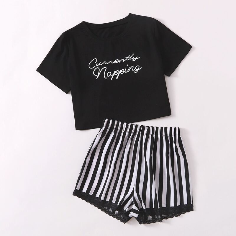 

Letter Striped Contrast Lace Pajama Set, Black and white