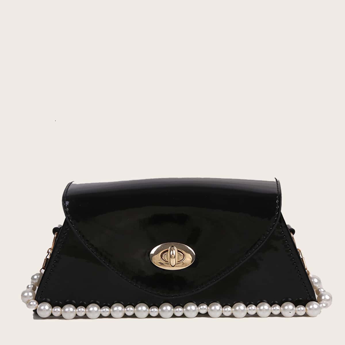 

Faux Pearl Chain Satchel Bag, Black