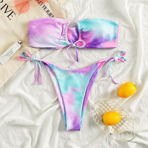 

Tie Dye Bandeau High Cut Bikini Swimsuit, Multicolor
