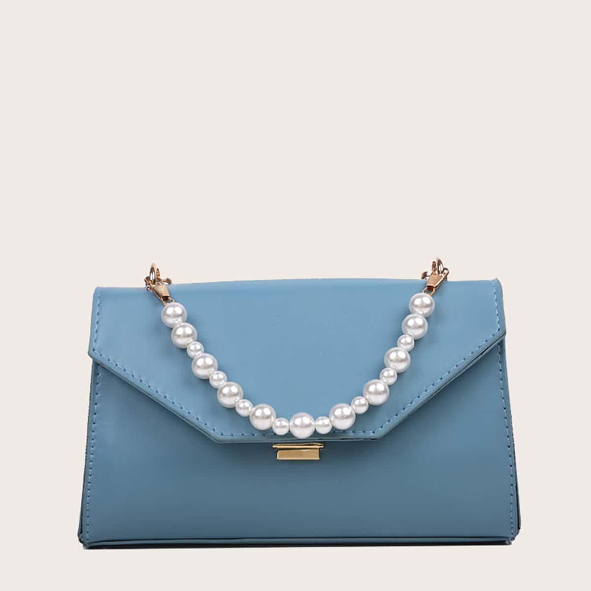 

Faux Pearl Handle Chain Satchel Bag, Dusty blue