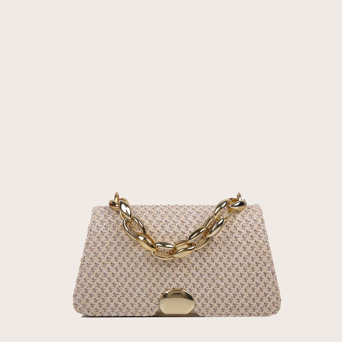 

Straw Chain Satchel Bag, Beige