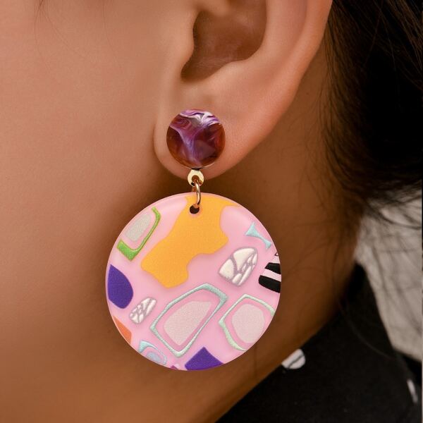 

Geometric Pattern Resin Round Earrings, Multicolor