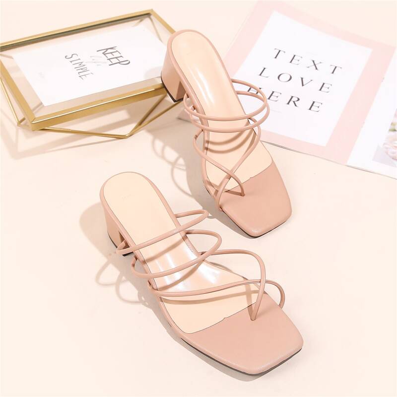 

Strappy Chunky Heeled Thong Sandals, Pink