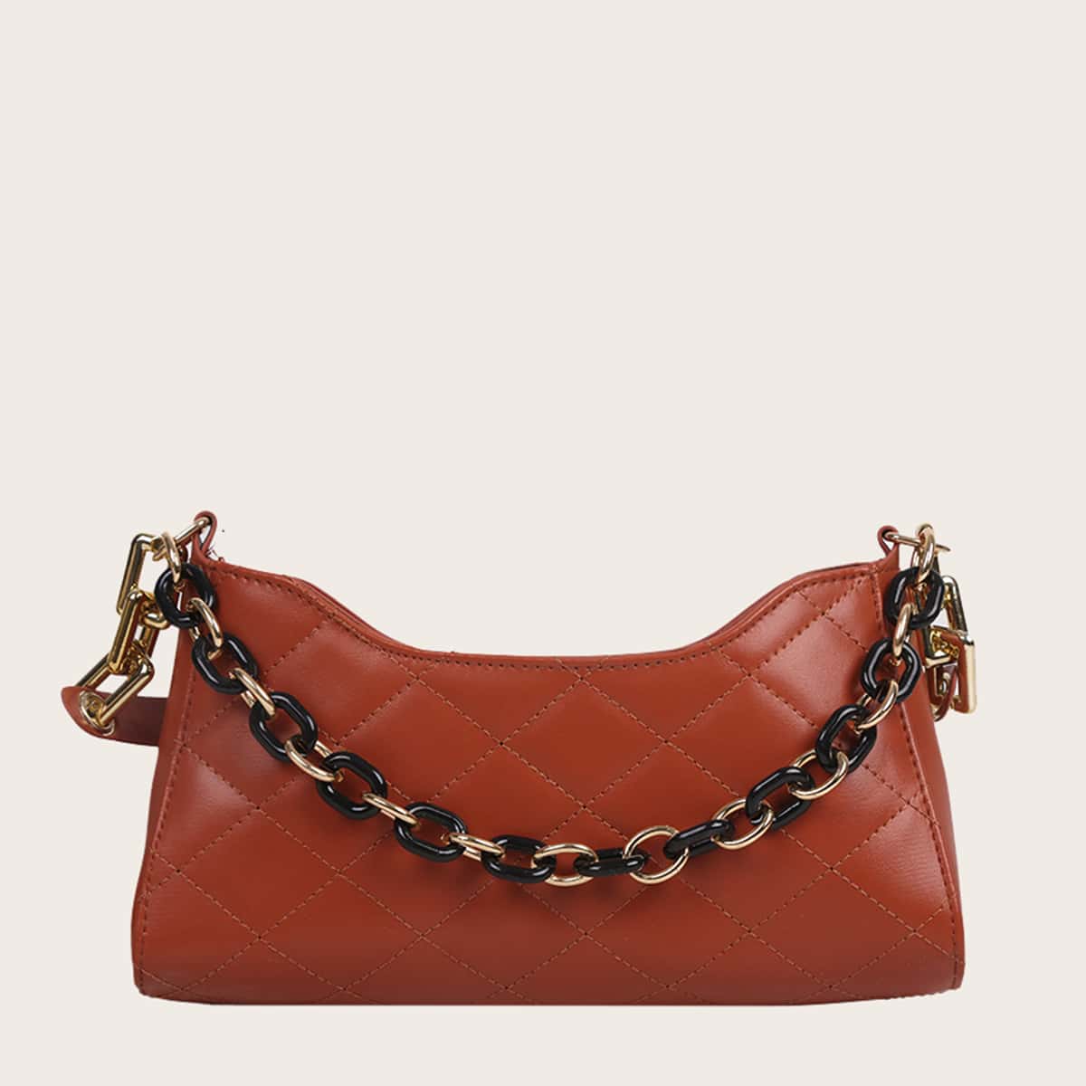 

Quilted Chain Baguette Bag, Brown
