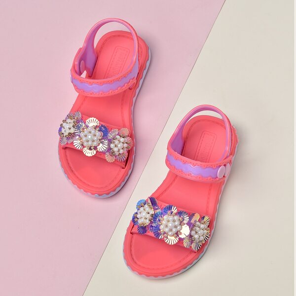 

Girls Faux Pearl Decor Velcro Strap Sandals, Red