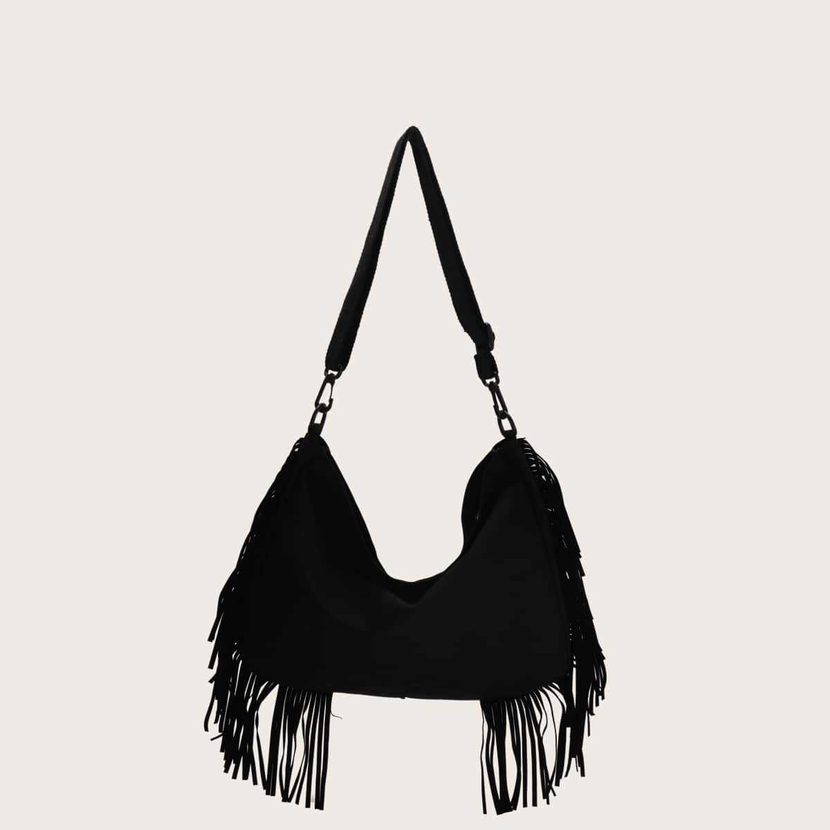 

Solid Tassel Trim Crossbody Bag, Black