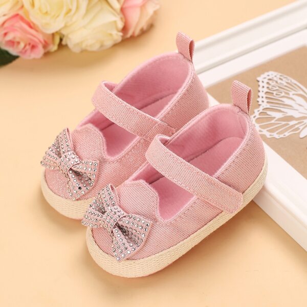 

Baby Girl Bow Decor Velcro Strap Flats, Baby pink