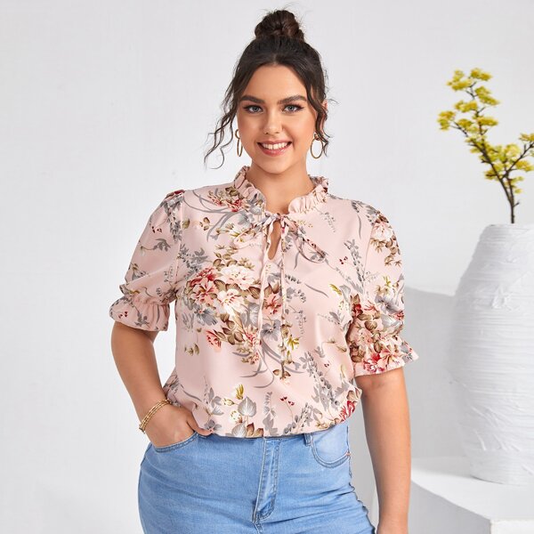 

Plus Tie Neck Floral Print Blouse, Baby pink