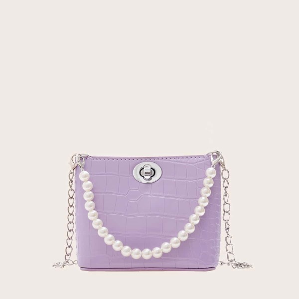 

Girls Faux Pearl Decor Twist Lock Chain Bag, Purple
