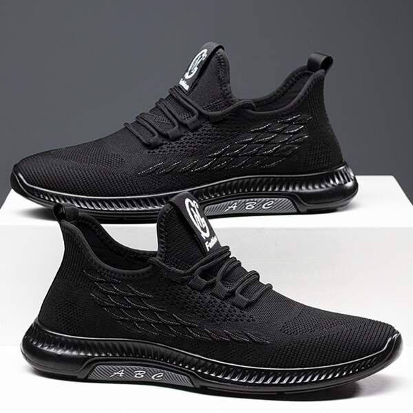 

Men Lace Up Decor Fish Scale Knit Running Shoes, Black
