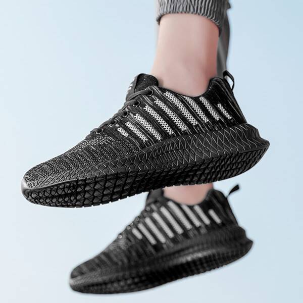 

Men Striped Lace-up Front Knit Running Shoes, Grey