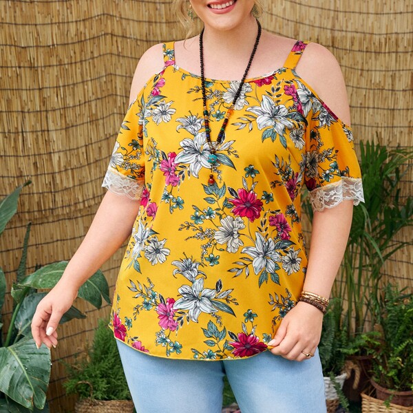 

Plus Floral Print Cold Shoulder Contrast Lace Blouse, Yellow