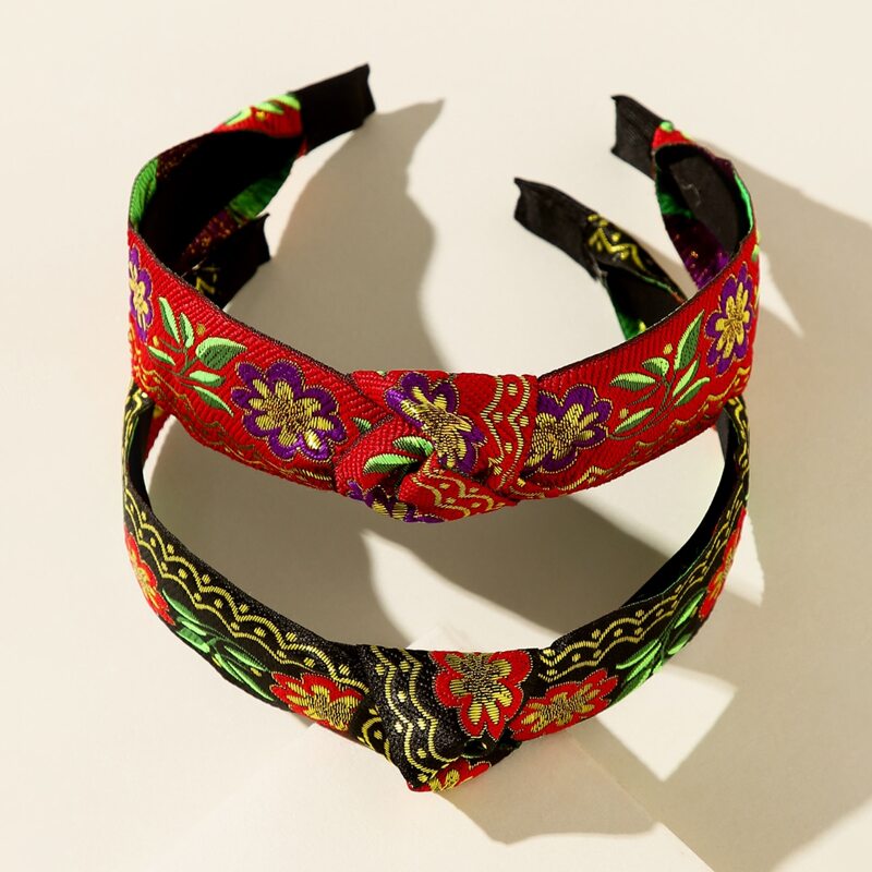 

2pcs Flower Embroidered Knot Decor Headband, Multicolor