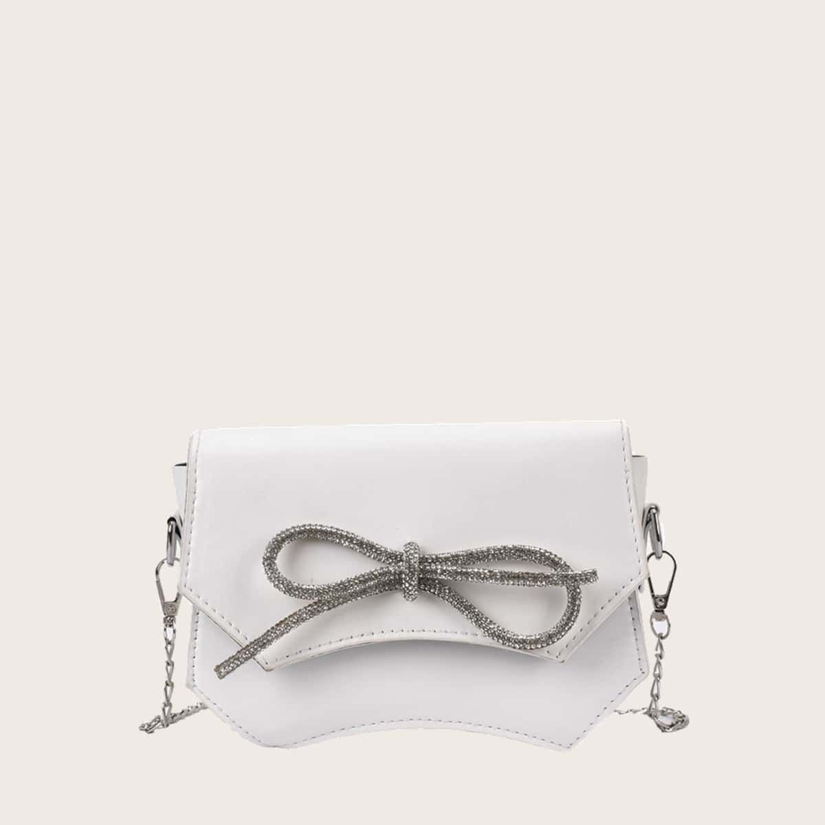 

Rhinestone Bow Chain Crossbody Bag, White