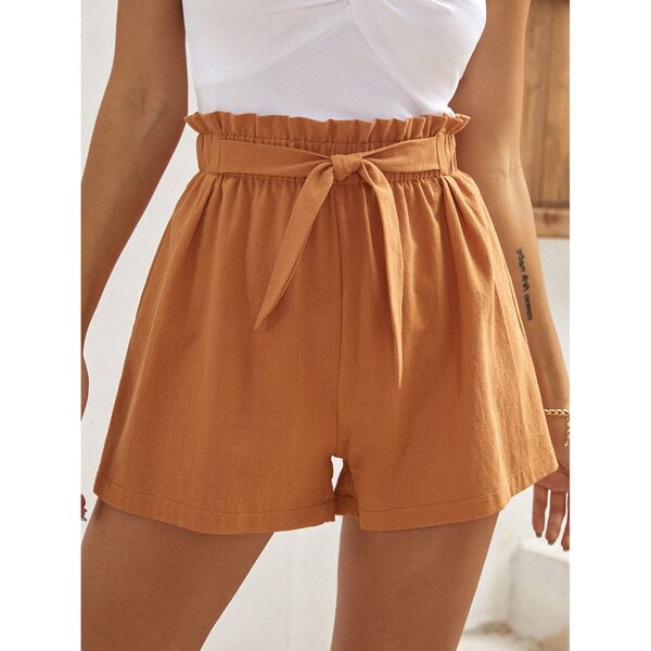 

Paperbag Waist Belted Roll Hem Shorts, Orange