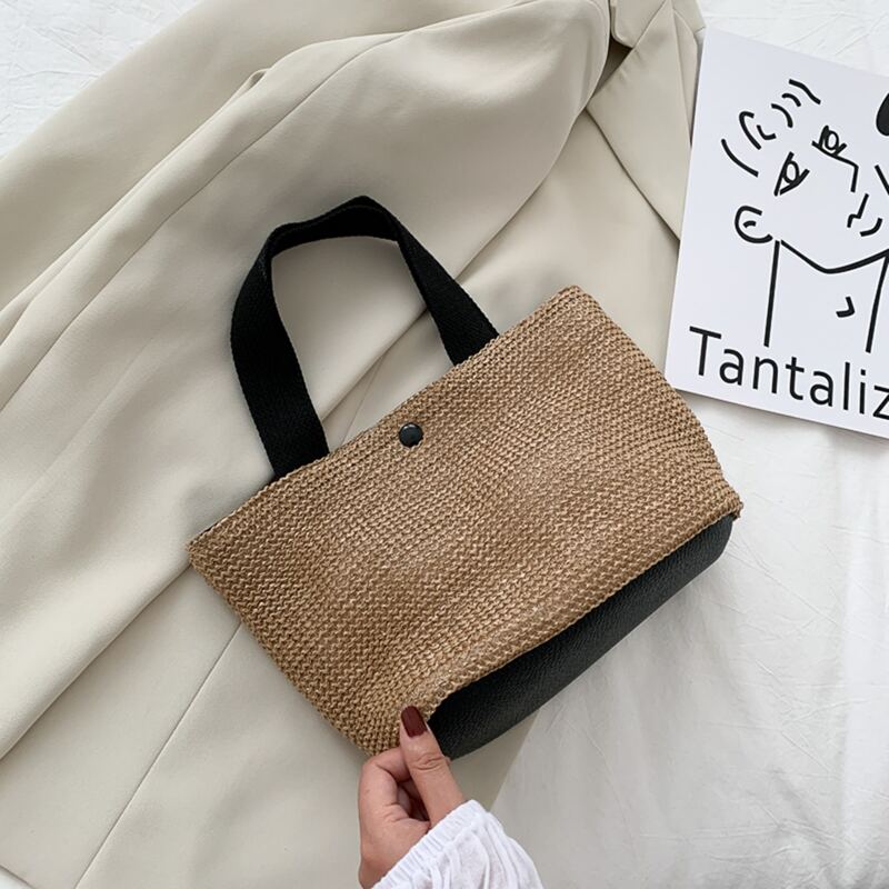 

Colorblock Strap Straw Tote Bag, Black
