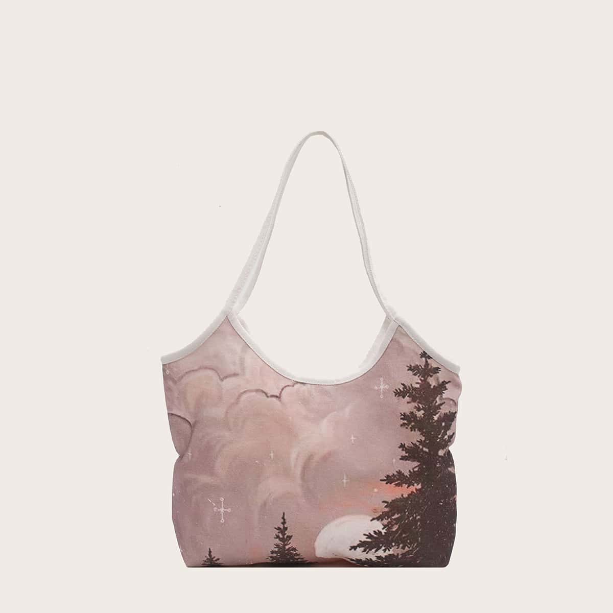 

Cloud & Tree Canvas Tote Bag, Coffee brown