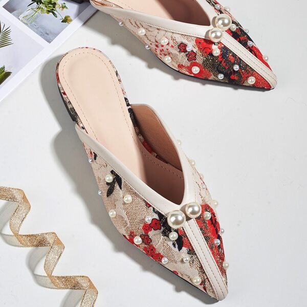 

Faux Pearl Decor Floral Flat Mules, Beige