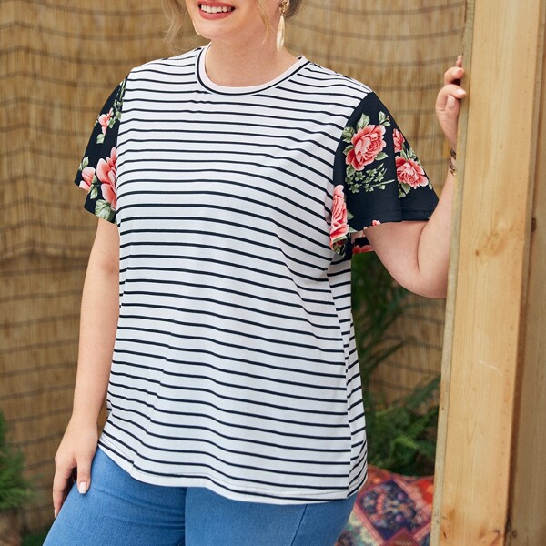 

Plus Floral & Striped Tee, Multicolor