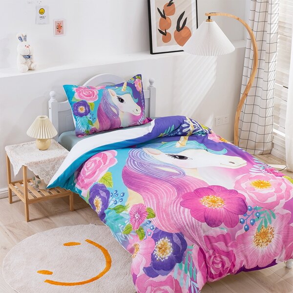

Kids Unicorn Print Duvet Cover Set Without Filler, Multicolor
