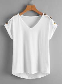 SHEIN LUNE Plus Button Detail V-Neck Tee - White - View 1