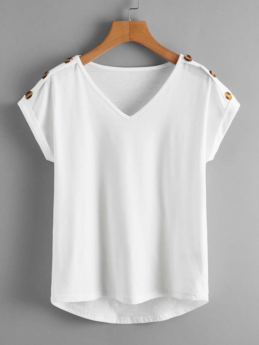 SHEIN LUNE Plus Button Detail V-Neck Tee - White - View 1