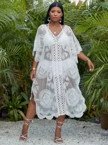 SHEIN VCAY Plus Size Embroidery Mesh Scallop Trim Cover Up Summer - White - View 1