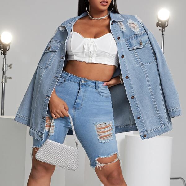 

Plus Drop Shoulder Ripped Detail Denim Jacket, Light wash