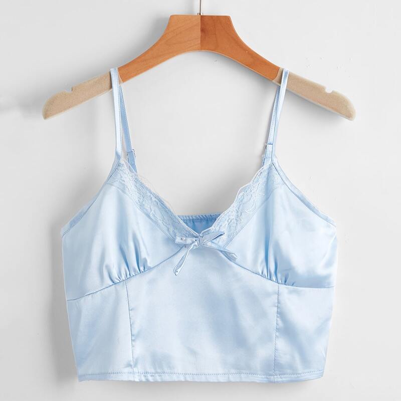 

Satin Contrast Lace Crop Cami, Baby blue