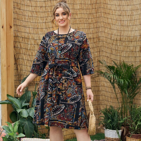 

Plus All Over Print Belted Dress, Multicolor