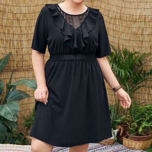 

Plus Solid Ruffle Trim A-line Dress, Black