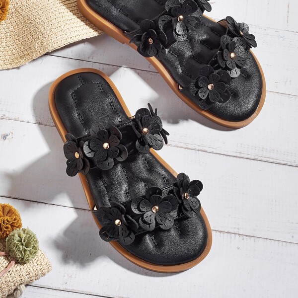 

Girls Flower Decor Slippers, Black